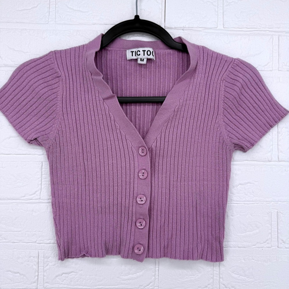 TIC TOC Cardigan Womens Size M Purple Ribbed Short Sleeve V-Neck Button Up Crop
